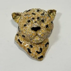 Authentic VINTAGE Heavy Gold Plated Enamel Leopard Brooch Pin Black Spots Cheetah 3D 1.75"