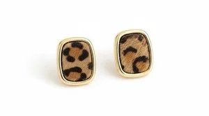 Authentic Gold Plated Faux Fur Brown Leopard Rectangular Stud Earrings