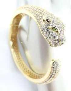Authentic STUNNING 18kt Yellow Gold Plated Pave Crystals Leopard Cat Hinged Cuff Bracelet