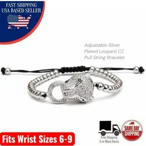 Authentic Iced Out CZ Leopard Bracelet White Gold Plated Bling Adjustable Pull String 6-9