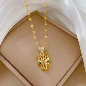 Authentic 1Ct Pear Lab-Created Emerald Leopard Head Pendant 14K Yellow Gold Plated Silver