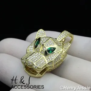 Authentic MEN 925 STERLING SILVER ICY BLING CZ GOLD PLATED LEOPARD HEAD PENDANT*AGP231