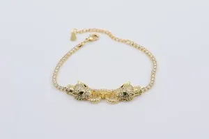 Authentic 18K Gold Plated Cubic Zirconia Pave Iced Out Leopard Head 7 Inch Tennis Bracelet