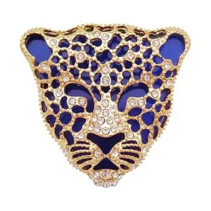 Authentic Navachi 18k Gold Plated Clear Crystal Black Enamel Leopard Head Brooch Pin
