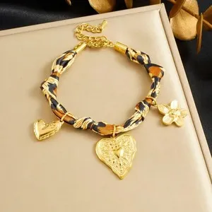Authentic Charm Anklet Bracelet Twisted Braided Leopard Scarf Bandana Gold Plated Charms
