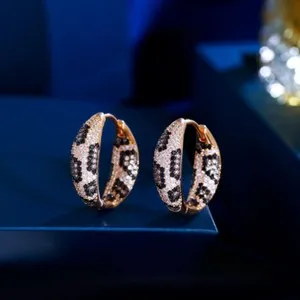 Authentic Ladies Chic Gold Plated Cubic Zirconia Leopard Print Hoop Earrings Party Jewelry