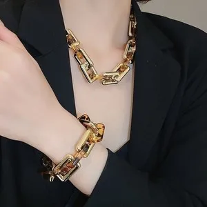 Authentic Leopard Acrylic Chain Jewelry Set Gold Plated Necklace, Bracelet Earrings 3pcs