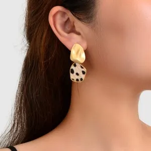 Authentic Retro Design Faux Fur Leopard Print Gold Plated Geometric Stud Pierced Earrings