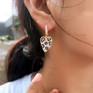 Authentic Golden Feline Heart Dangle Drop Earrings with Zirconia Sparks