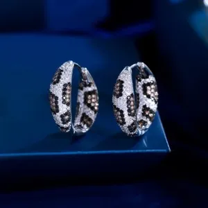 Authentic Ladies Chic Gold Plated Cubic Zirconia Leopard Print Hoop Earrings Party Jewelry