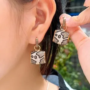 Authentic Luxury Zirconia Leopard Print Handbag Design Gold Plated Long Drop Earrings