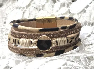 Authentic Leopard Print Gold Plated Magnetic Clasp Multi-layer Leather Cuff Bracelet 7.5"