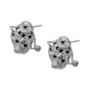 Authentic Animal Leopard Panther Jaguar Clear and Black Cubic Zirconia Leverback Earrings
