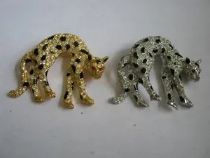 Authentic TWO Rhinestone DANGLING LEOPARD BROOCHES Red Eyes, Yellow & White Gold Plated