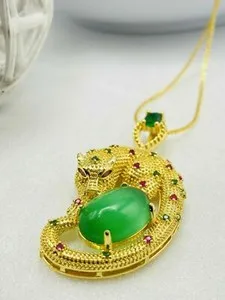 Authentic Jade Crystal Jewelry Charm Pendant with 18K Gold Plated Chain Necklace Leopard