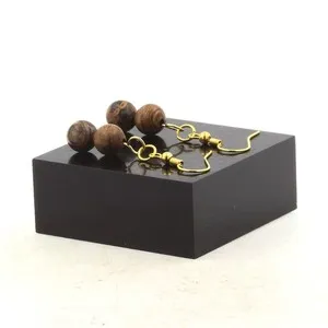 Authentic Leopard Jasper Earrings 2 Beads + 8 Mm Gold Plated Wood Made In