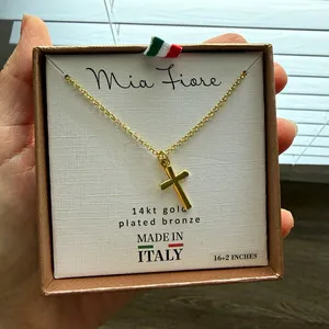 Authentic Mia Fiore Cross Pendant Necklace 14kt Gold Plated Bronze Made in Italy 16+2"