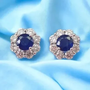 Authentic 2.20Ct Round Cut Lab Created Sapphire Halo Stud Earring 14K White Gold Plated