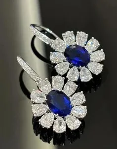 Authentic 3Ct Lab-Created Oval Cut Sapphire Drop/Dangle Earrings 14K White Gold Plated