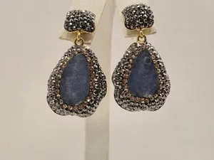 Authentic Gold Plated Sterling Silver Raw Blue Sapphire Marcasite Drop Earrings 1.5 Inch 1