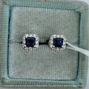 Authentic 2Ct Princess Cut Lab Created Sapphire Halo Stud Earrings 14K White Gold Plated