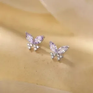 Authentic 925 Sterling Silver Pink Purple Sapphire Butterfly Earrings White Gold Plated
