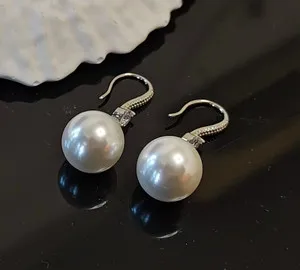 Authentic SeaShell 12mm Pearl Sapphire Dangle/Drop Hoop 1.3'' Earrings White Gold-plated