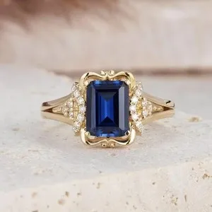 Authentic 3.00ct Lab Created Sapphire Blue Wedding Engagement Ring 14k Yellow Gold Plated