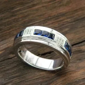 Authentic 2Ct Princess Cut Lab Created Blue Sapphire Men's Band Ring 14K White Gold Plated
