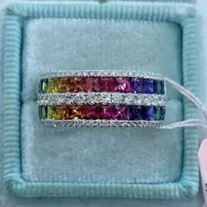 Authentic 5 ctw Princess Cut Rainbow Sapphire 14K White Gold Plated S925 Wedding Band Ring