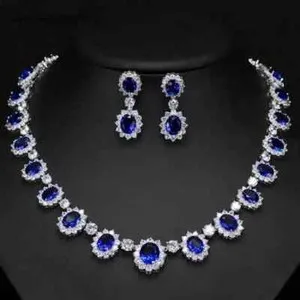 Authentic 22CT Lab Created Oval Blue Sapphire Necklace Earrings Set 14K Wh Gold Plated 18"