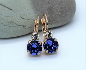 Authentic Gold Plated Sapphire/Clear Crystal Lever back Drop Earrings