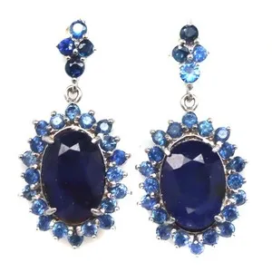 Authentic 925 Silver Handmade White Gold Plated 7 x 10 mm. Blue Sapphire Earrings