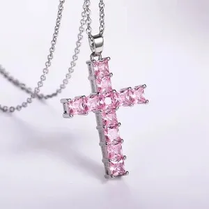 Authentic 3.30 Ct Princess Cut Simulated Pink Sapphire Cross Pendant 14K White Gold Plated
