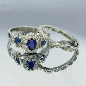 Authentic Oval Cut Simulated Blue Sapphire Engagement Band Ring In 14k White Gold Plated