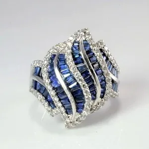 Authentic Baguette Cut Simulated Blue Sapphire Wedding Band Ring In 14k White Gold Plated