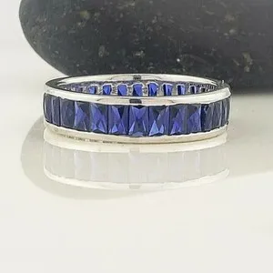 Authentic 14K White Gold Plated Lab-Created Blue Sapphire Men Wedding Eternity Band 2Ct