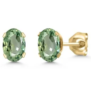 Authentic Oval 6x4mm Green Sapphire 1.10 Ct 18K Yellow Gold Plated Silver Stud Earrings