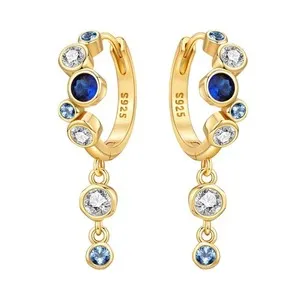 Authentic 925 Sterling Silver Gold Plated Sapphire Style CZ HuggieHoop Drop Earrings
