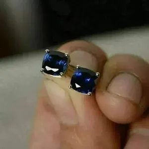 Authentic 2Ct Cushion Lab Created Sapphire Solitaire Stud Earrings 14K White Gold Plated