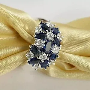 Authentic Oval Cut Simulated Blue Sapphire Engagement Band Ring In 14k White Gold Plated