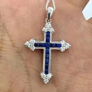 Authentic Celestial Guardian: 2Ct Round Cut Lab-Created Sapphire Women's Cross Pendant