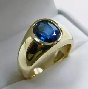 Authentic 3Ct Oval Cut Lab Created Sapphire Men's Engagement Ring 14K Yellow Gold Plated