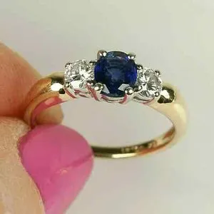 Authentic 2Ct Round Cut Lab Created Blue Sapphire 3 Stone Engagement Ring 14K Gold Plated