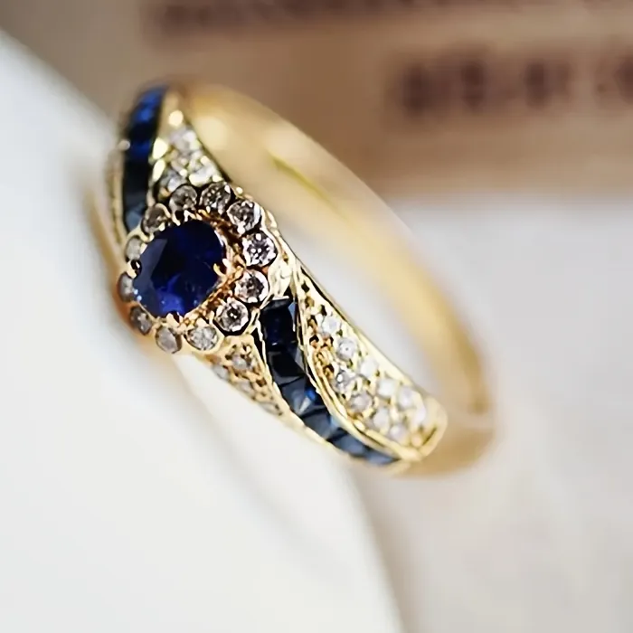 Authentic 1PC elegant 18K gold-plated ring embellished with synthetic sapphire and synthetic zircon, jewelry for everyday wear