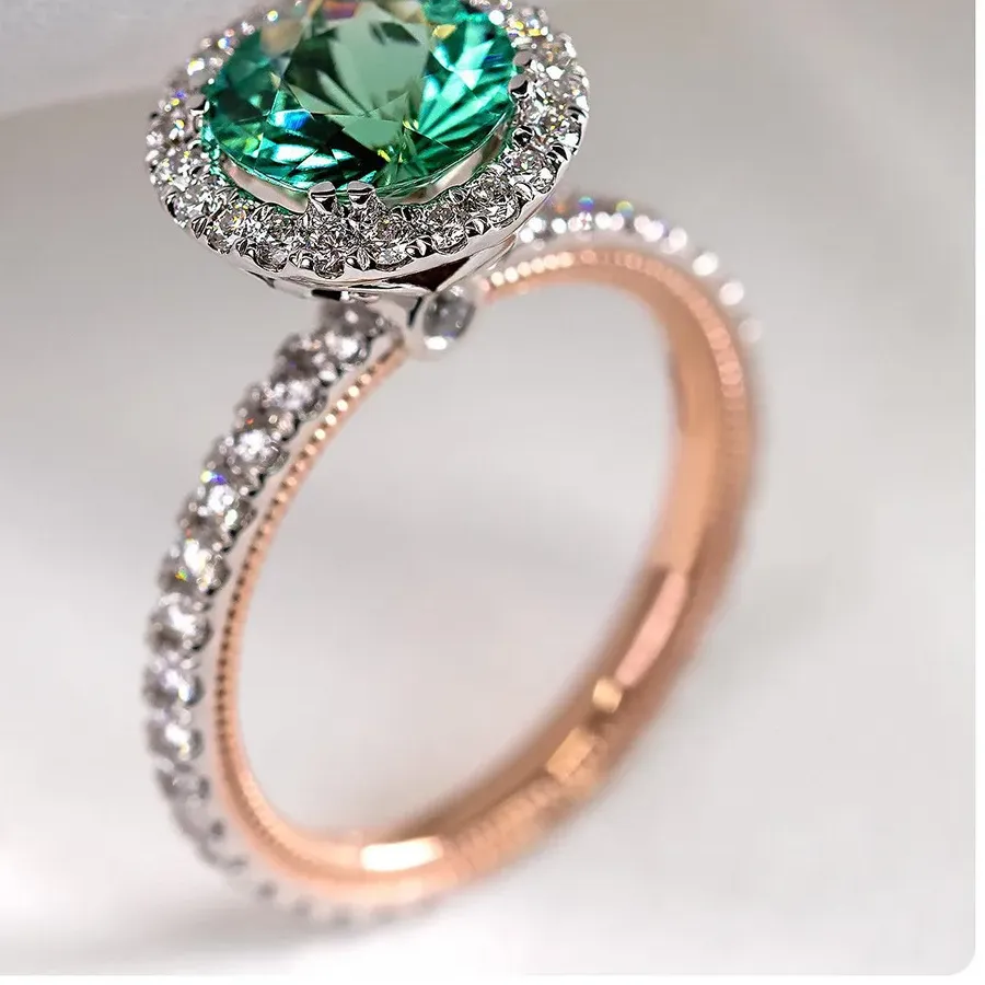 Authentic Royal Jewelry Princess Diana Soild Rose Gold Ring Natural Emerald Band Rings Bridal Prasiolite