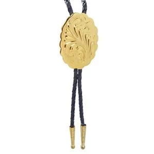 Authentic Yellow Gold Plated Etched Floral Oval Bolo Tie 36 inch Black Cord Made in USA
