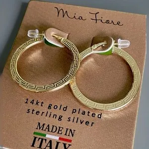 Authentic Mia Fiore 14KT Gold Plated Bronze Greek Key Hoop Earrings Made In Italy