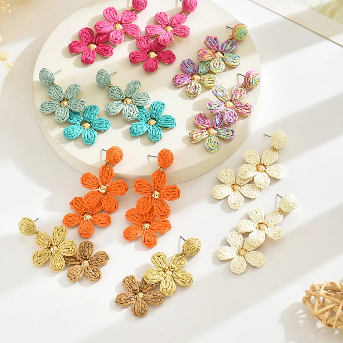 Authentic Bohemia Sweet Colorful Raffia Layered Flower Earrings for Women Girls Summer Handmade Rattan Knit Drop Earrings Holiday Jewelry