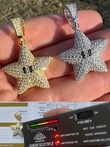 Authentic Moissanite Iced Mario Super Star 925 Silver /14k Gold Plated Pendant Necklace